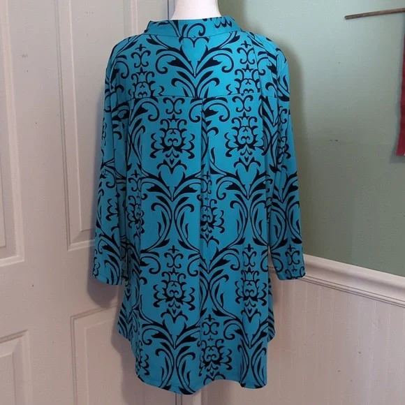 Bepei 2X Long Sleeve Blouse Turquoise Black Paisley Zipper - Picture 7 of 13